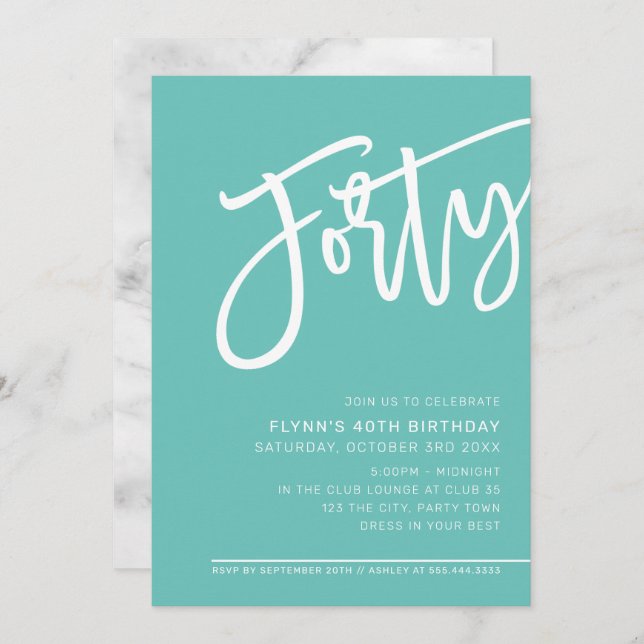 MODERN SCRIPT 40th birthday party mint green white Invitation (Front/Back)