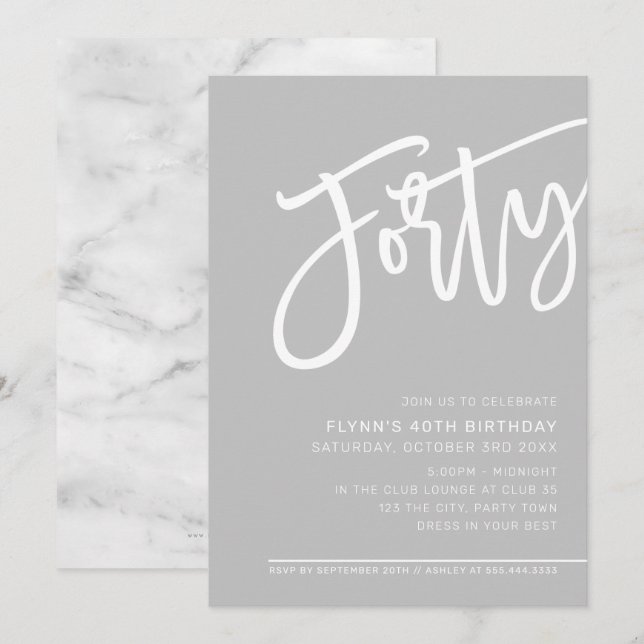 MODERN SCRIPT 40th birthday party pale grey white Invitation (Front/Back)