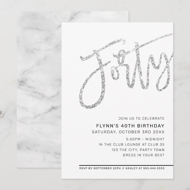 MODERN SCRIPT 40th birthday party silver glitter Invitation (Front/Back)