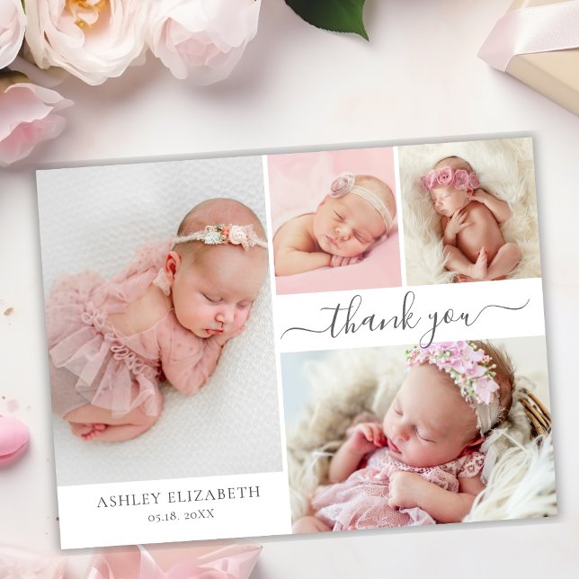 Modern Script 4 Photo Collage Baby Girl Thank You  Card (Creator Uploaded)