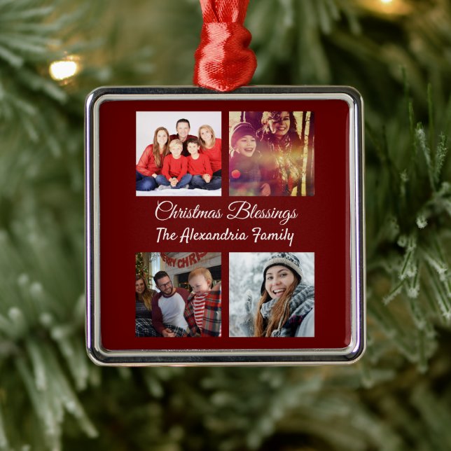 Modern Script 4 Photo Collage Family Christmas Metal Ornament (Tree)