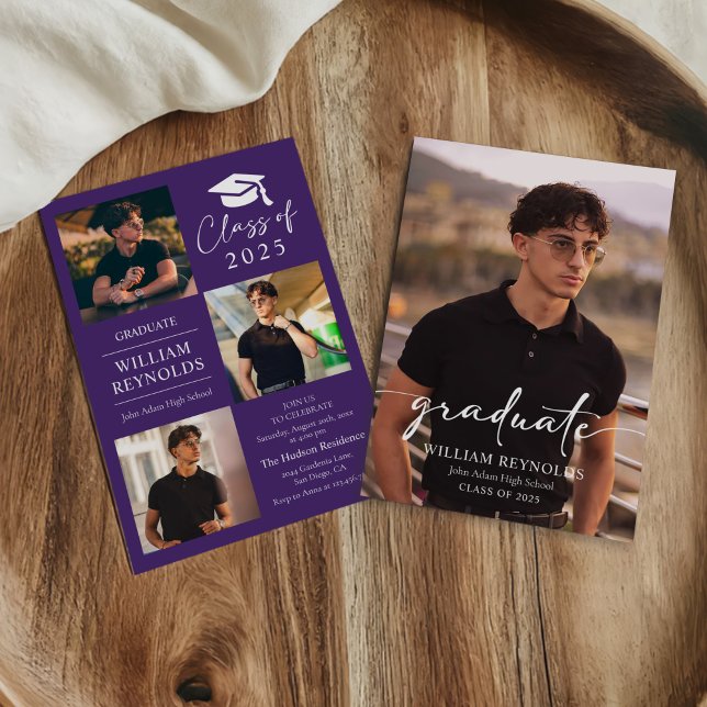 Modern Script 4 Photo Collage Graduation Party Invitation (Creator Uploaded)