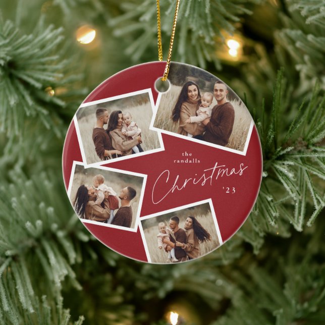 Modern Script 4 Photo Collage Red Christmas Ceramic Ornament (Tree)