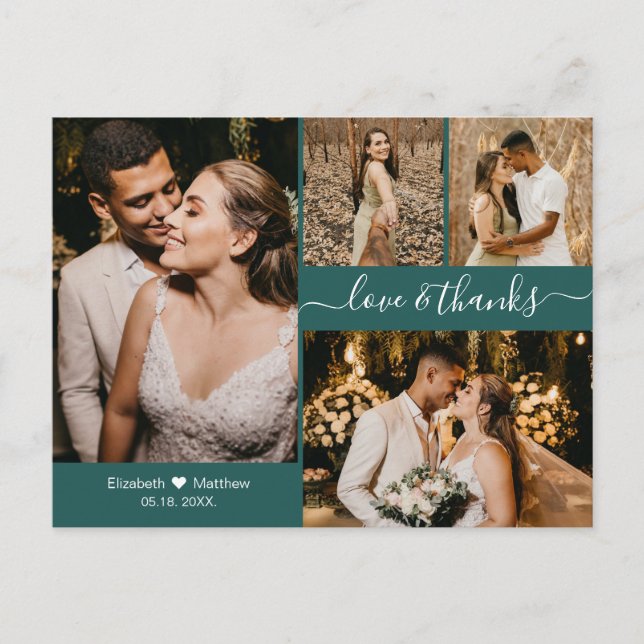 Modern Script 4 Photo Collage Wedding Thank You Postcard (Front)