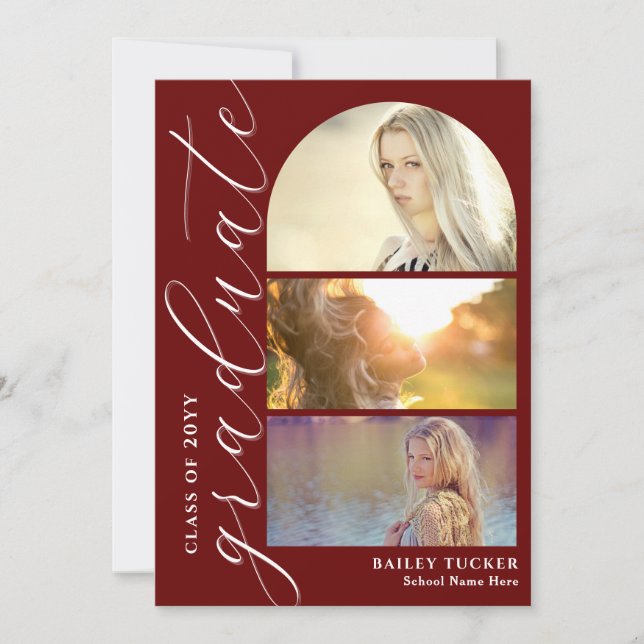 Modern Script 4-Photo Dark Red Arch Graduation Thank You Card (Front)