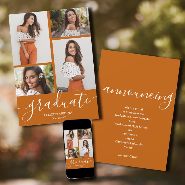 Modern Script 4 Photo Graduation Announcement (Modern Script 4 Photo Graduation Announcements - PRINTED and/or INSTANT DOWNLOAD)