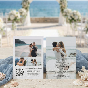 Modern Script 4 Photo QR Code RSVP Wedding  Invitation