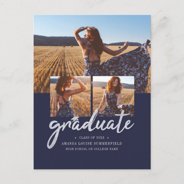 Modern Script 4 Photos Graduation 2025 Grad Announcement Postcard (Front)