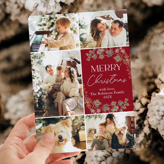 Modern Script 5 Photo Christmas Holiday Card (Creator Uploaded)