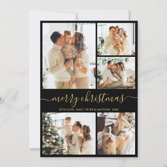 Modern Script 5 Photo Collage Black Gold Christmas Holiday Card (Front)