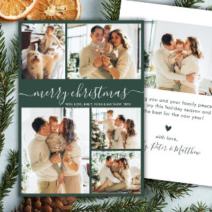 Modern Script 5 Photo Collage Green Christmas Holiday Card