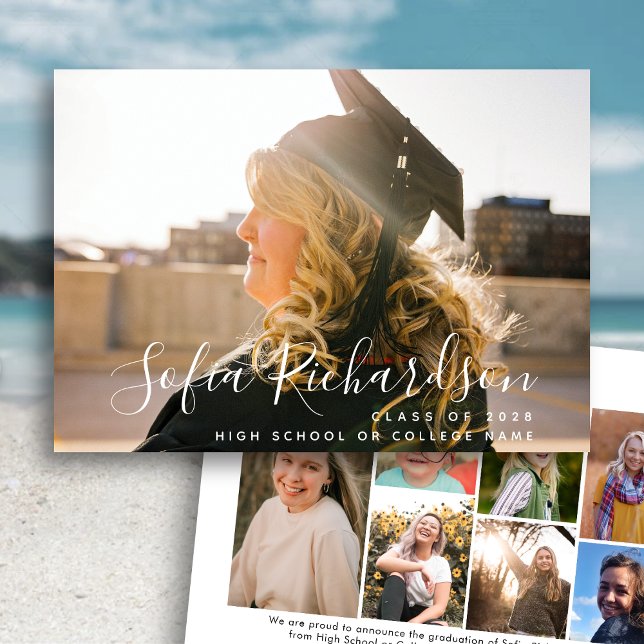 Modern Script 8 Photo Collage Simple Graduation  Announcement (Creator Uploaded)