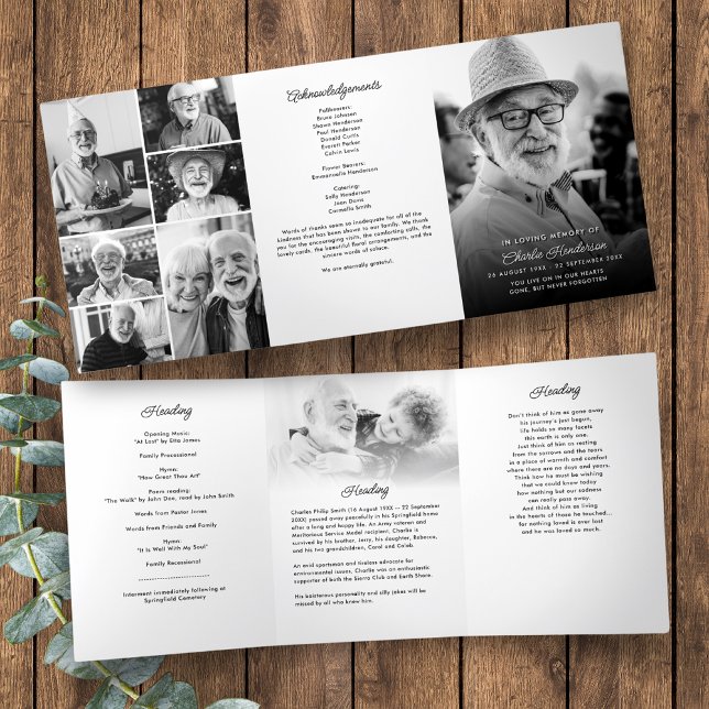 Modern Script 8-Photo Funeral/Memorial Tri-Fold Programme (Creator Uploaded)