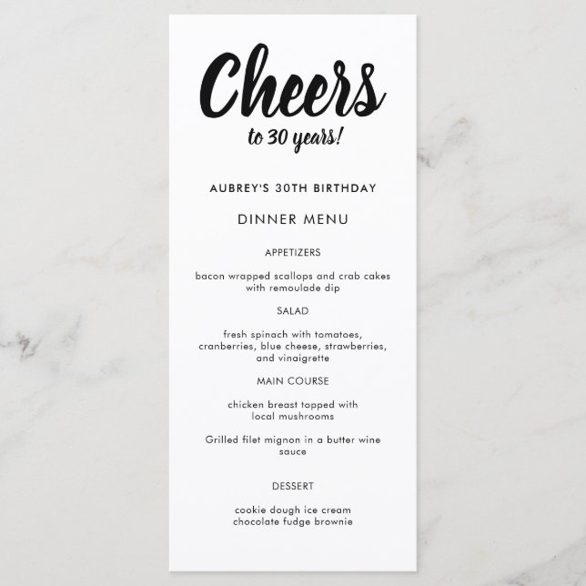 Modern Script Any Year 30th Birthday Party Menu (Front)