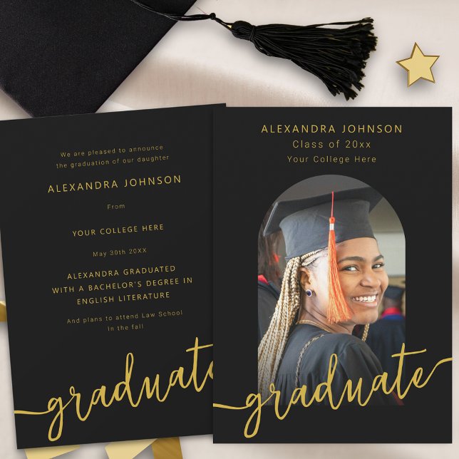 Modern Script Arch Photo Graduation Announcement (Modern black and gold script photo arch graduation announcement card Stylish trendy elegant design)