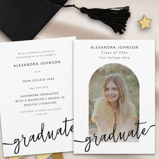 Modern Script Arch Photo Graduation Announcement (Modern trendy script arch photo template graduation announcement card stylish elegant chic)