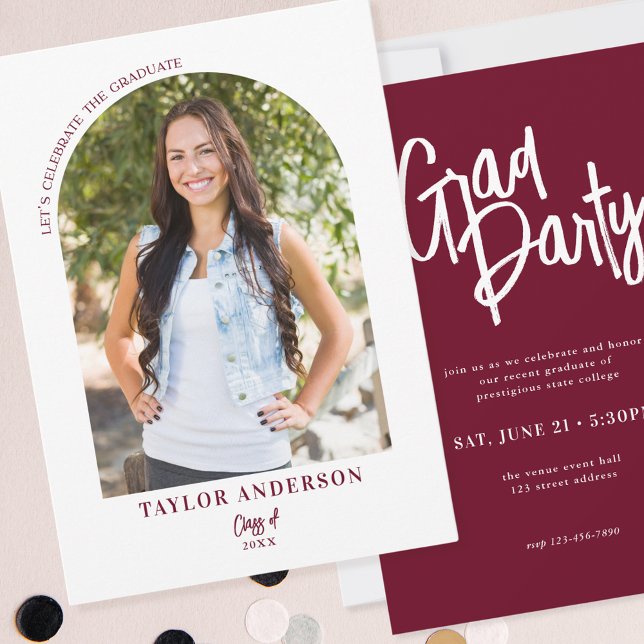 Modern Script Arch Photo Wine Red Grad Party Invitation (Creator Uploaded)