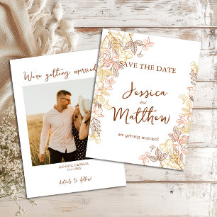 Modern Script Autumn Foliage Save the Date Photo Holiday Card