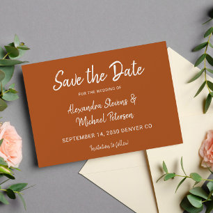 Modern script autumn terracotta wedding save the date