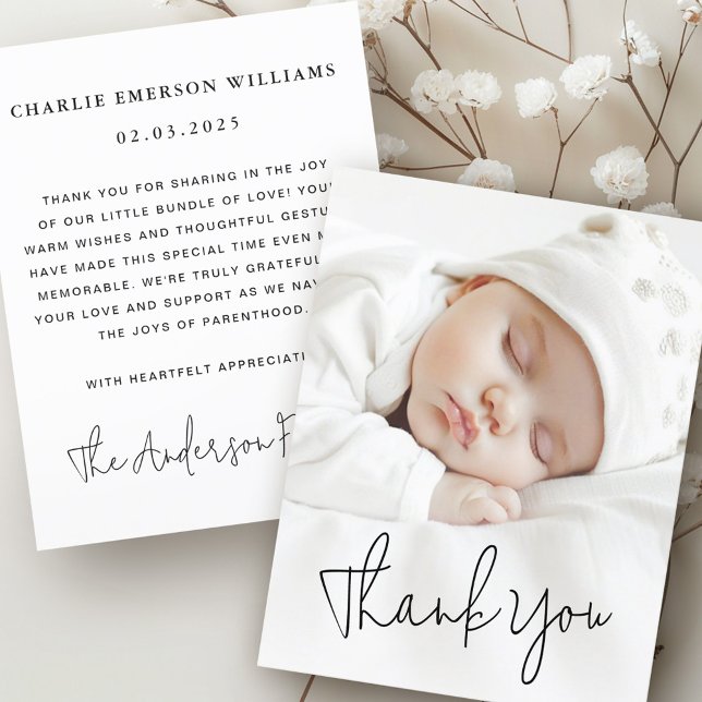Modern script baby announcement photo thank you (Modern script baby announcement photo thank you)