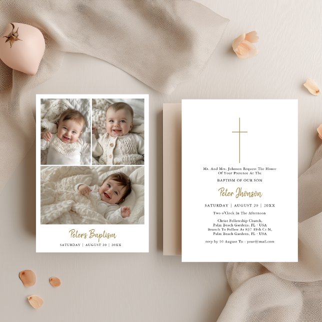 Modern Script Baby Boy Or Girl Three Photo Baptism Invitation (Creator Uploaded)