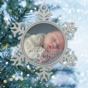 Modern Script Baby Photo First Christmas Snowflake Pewter Christmas Ornament