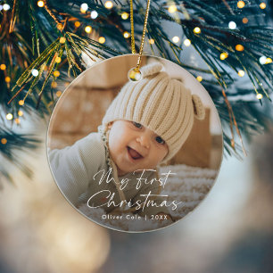Modern Script Baby’s First Christmas Photo Ceramic Ornament