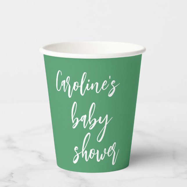 Modern Script Baby Shower Custom Kelly Green Paper Cups (Front)