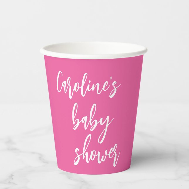 Modern Script Baby Shower Custom Trendy Hot Pink Paper Cups (Front)