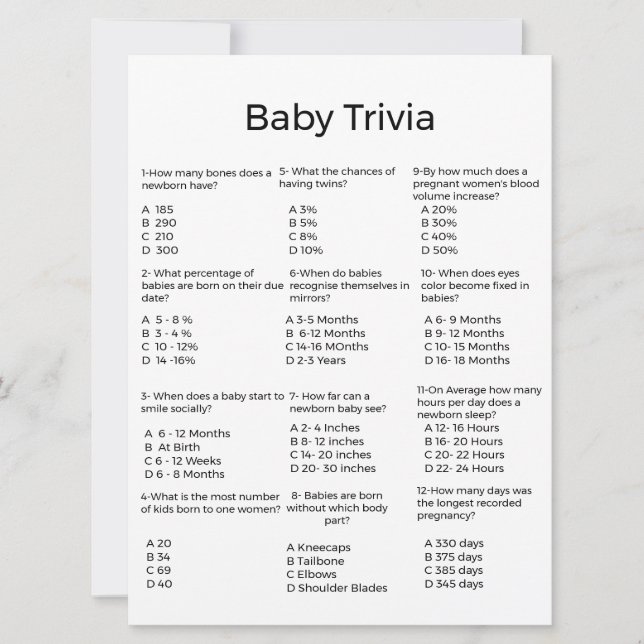 Modern script baby trivia game baby shower game (Front)