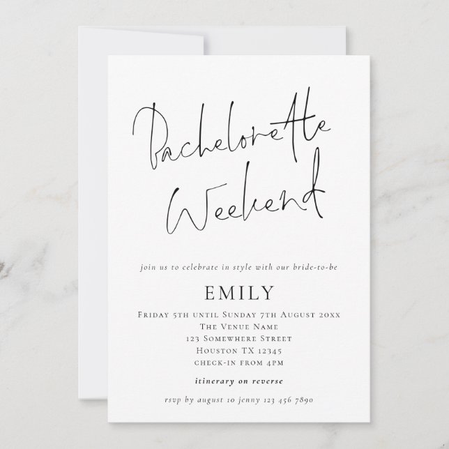 Modern Script Bachelorette Weekend Itinerary  Invitation (Front)