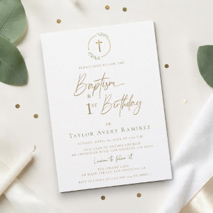 Modern Script Baptism and 1st Birthday Green Gold Invitation