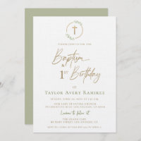 Modern Script Baptism and 1st Birthday Green Gold 
