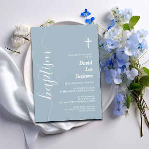 Modern Script Baptism White Cross Dusty Blue  Invitation