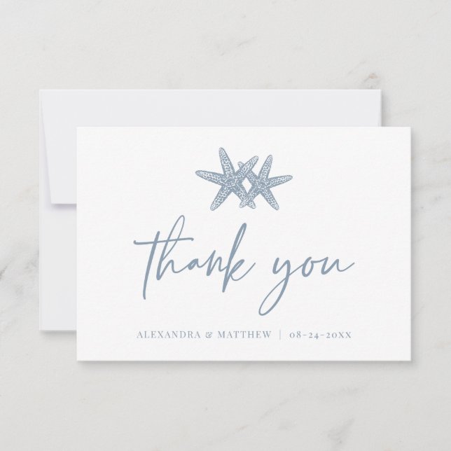 Modern Script Beach Starfish Dusty Blue Wedding Thank You Card (Front)