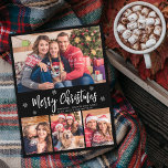 Modern Script Black 4 Photo Collage Christmas Postcard<br><div class="desc">Budget, Elegant, Modern, Snowflake 4 Photo Collage Merry Christmas Script Black Holiday Postcard. This festive, mimimalist, whimsical four (4) photo holiday card template features a pretty photo collage, some snowflake and says Merry Christmas! The „Merry Christmas” greeting text is written in a beautiful white colour hand lettered typography font type...</div>