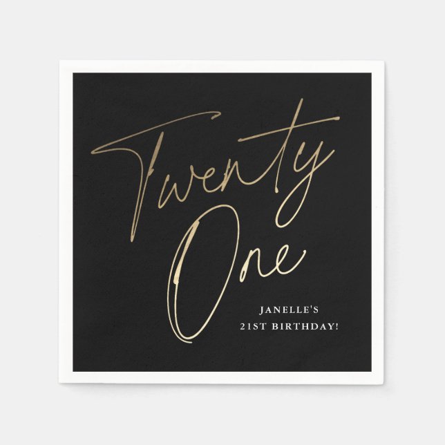 Modern Script Black and Gold 21st Birthday Party Napkin (Front)