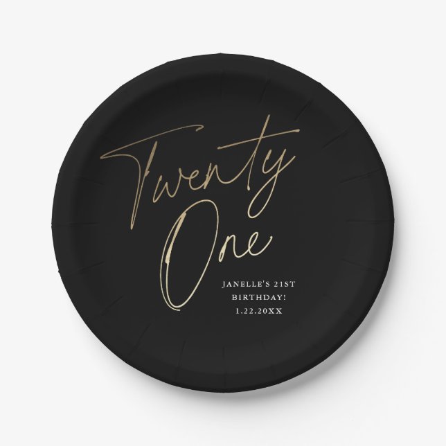 Modern Script Black and Gold 21st Birthday Party Paper Plate (Front)