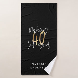 Modern script black and gold 40th birthday bath towel