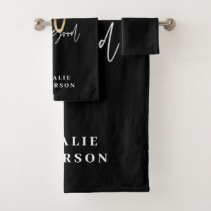 Modern script black and gold 40th birthday  bath towel set