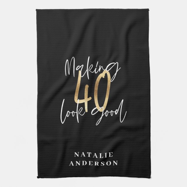 Modern script black and gold 40th birthday  kitchen towel (Vertical)