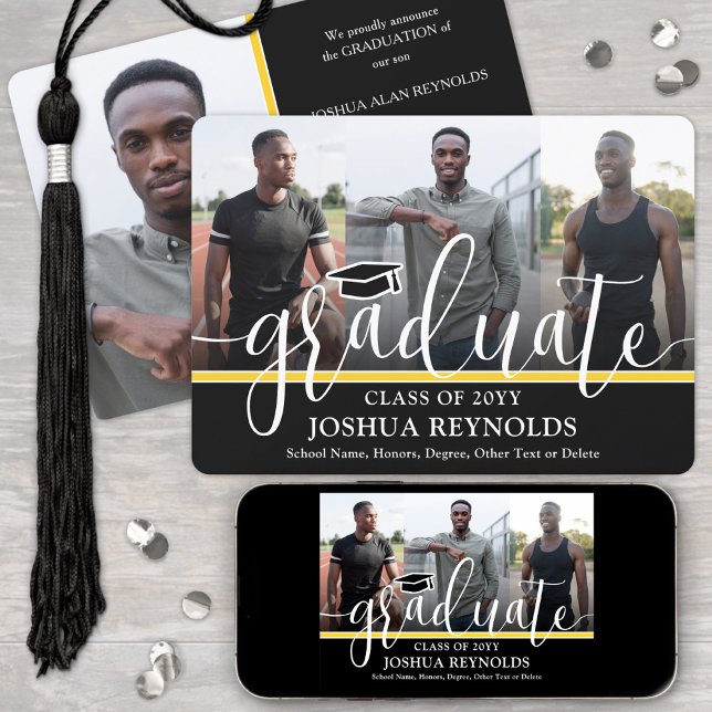 Modern Script Black and Gold 4 Photo Graduation Announcement (Creator Uploaded)