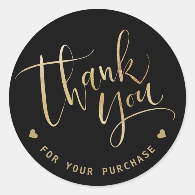 Modern script black and gold business thank you classic round sticker (Front)