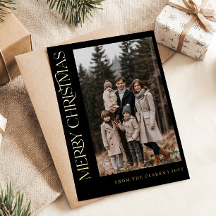 Modern Script Black and Gold Photo Christmas  Foil Holiday Postcard