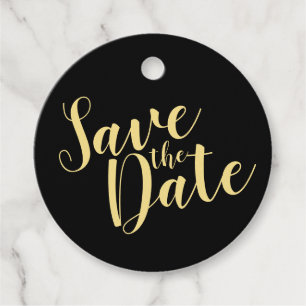 Modern Script Black and Gold Wedding Save the Date Favour Tags
