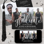 Modern Script Black and White 4 Photo Graduation Announcement<br><div class="desc">Share the joy of a high school or college graduation with custom 4 photo collage black and white announcements. The pictures and all wording on this template are simple to personalize with any details of your choice, such as party invitation info, parents' names, special honours, degree title, favourite inspirational quote,...</div>