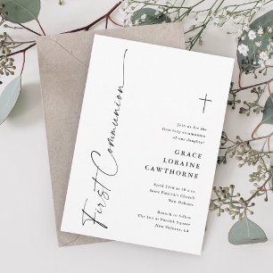Modern Script Black and White First Communion Invitation