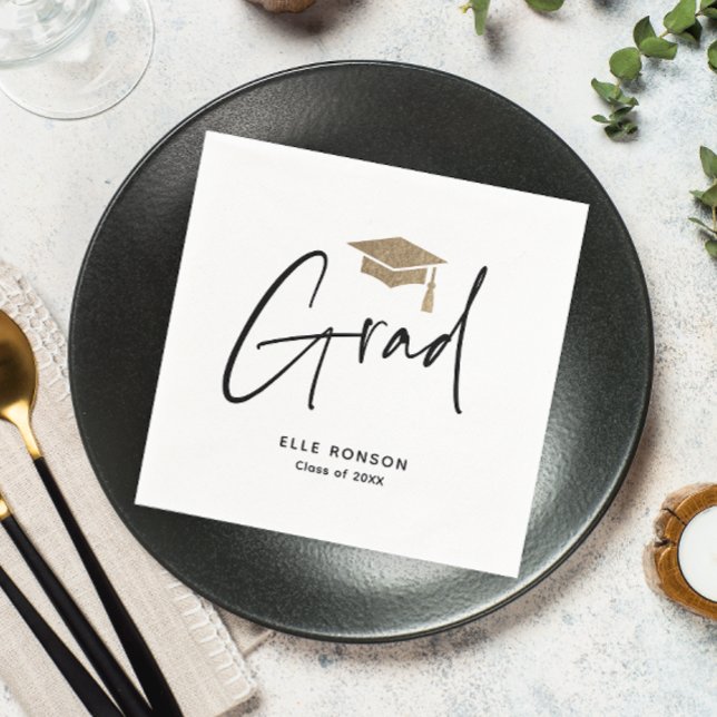 Modern Script Black and White Graduation  Napkin (Modern Grad script black and white graduation party napkins.)