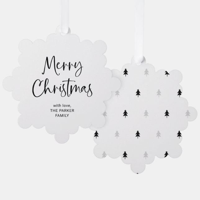 Modern Script | Black and White Merry Christmas Ornament Card (Front/Back)