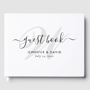Modern Script Black and White Monogram Wedding Guest Book
